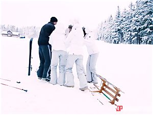 Playful skier Nikky wish takes her trainer's cock in the snow